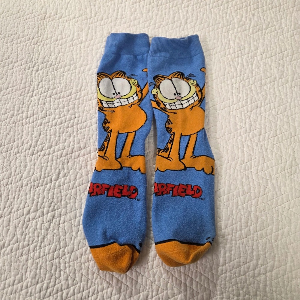 Garfield Blue Graphic Crew Socks Paws Inc‎ 2022 Cartoon Novelty Mens Womens